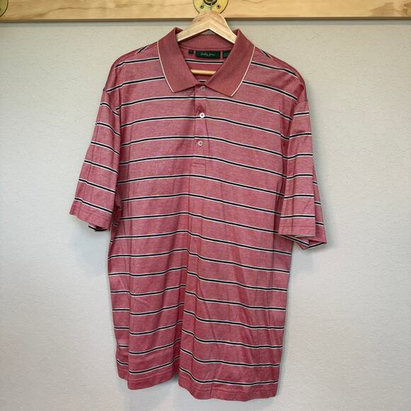 Men's Bobby Jones Red and Black Striped Short Sleeve Polo Golf Shirt Size L - Picture 1 of 9